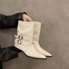 Vintage Suede Women Trouser Legs Boots Fashion Belt Buckle Slip On Shoes Autumn Winter Wedges Heel Ladies Long Booties