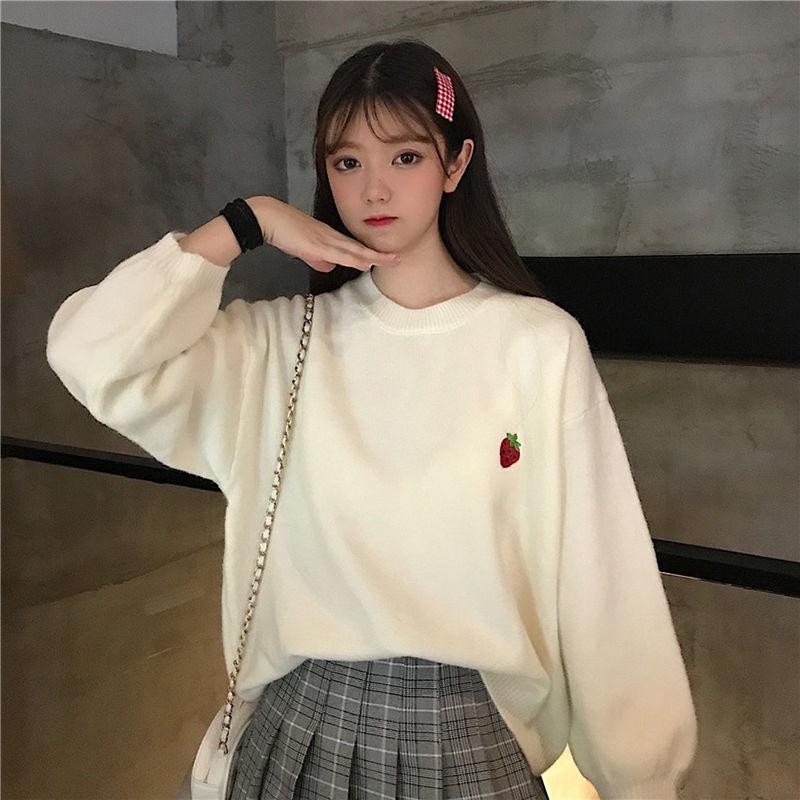 Sweater Girl Student Korean Loose Winter and Autumn Fruit Embroidery Pullover Sweater Female Candy Color Sweater