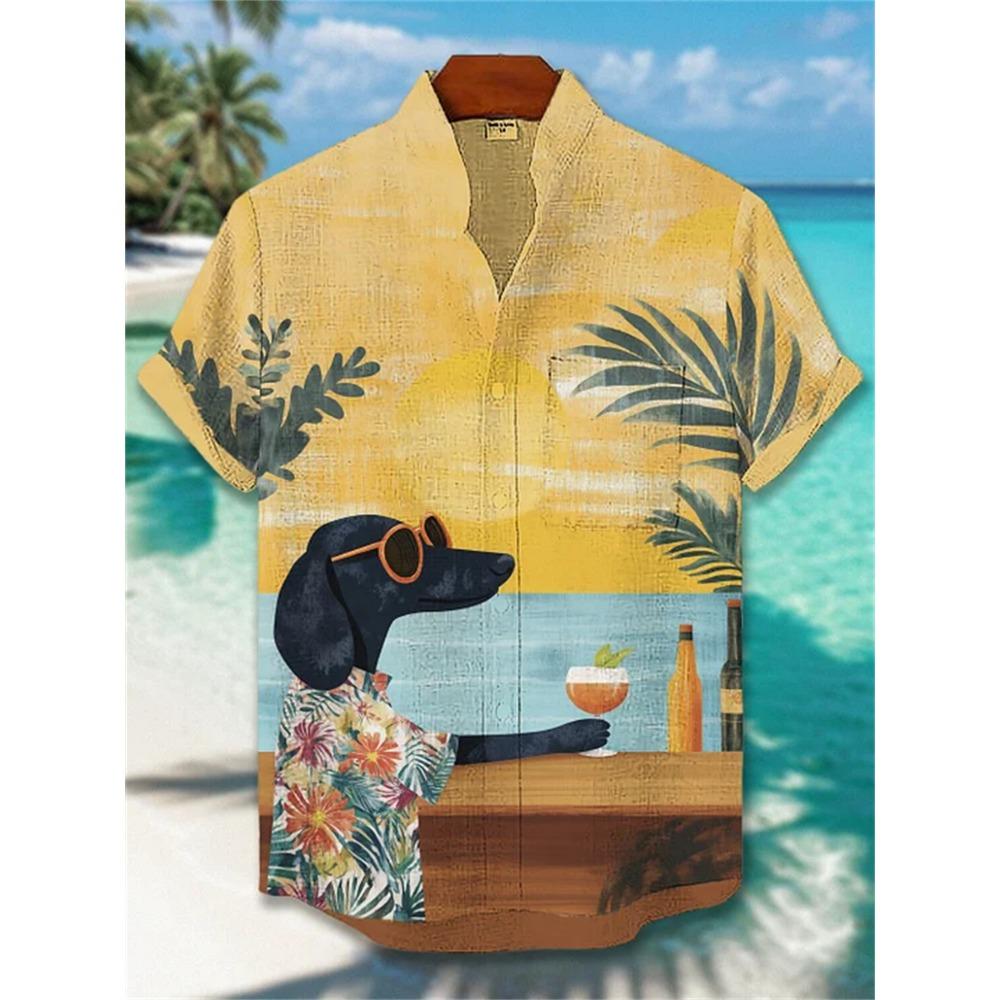 Men's Street Style Short-sleeved Shirt, Quirky Black Cat and Shark Print Casual Men's Top, Trendy and Fashionable Hawaiian Shirt