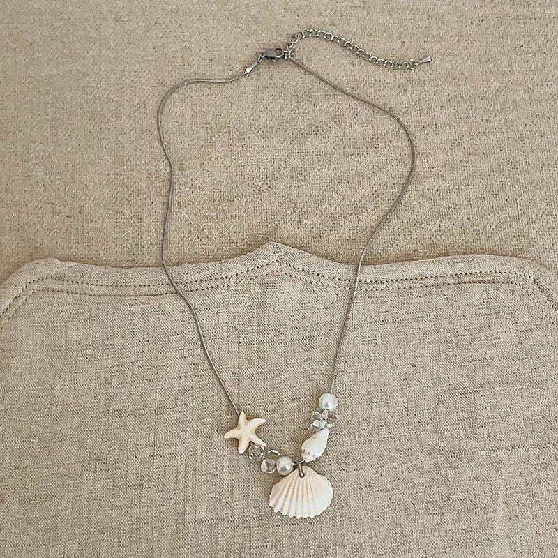 Wax rope starfish shell pearl necklace seaside vacation wind collarbone chain summer fresh and sweet high-end necklace women