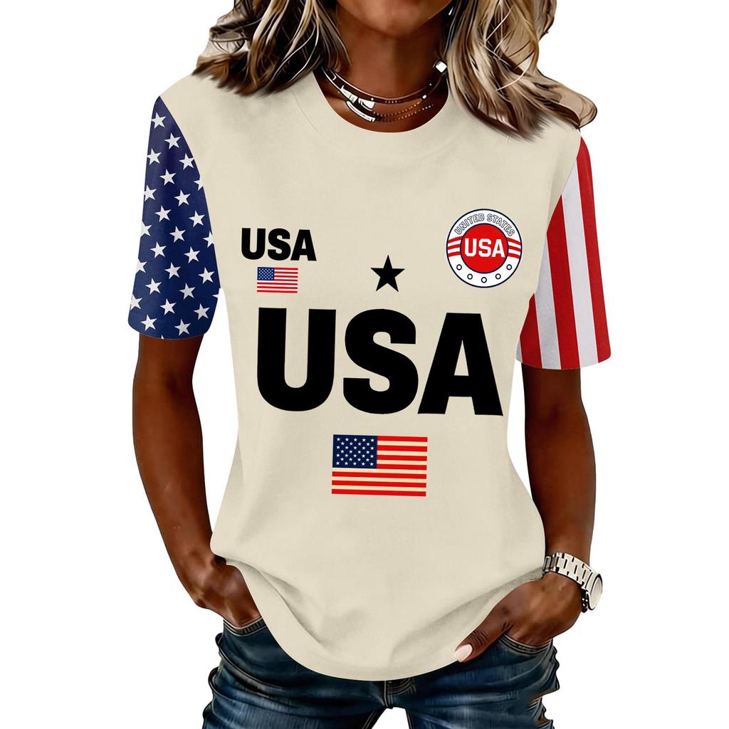 Blusa Feminina da Moda Casual de Manga Curta com Estampa e Gola Redonda