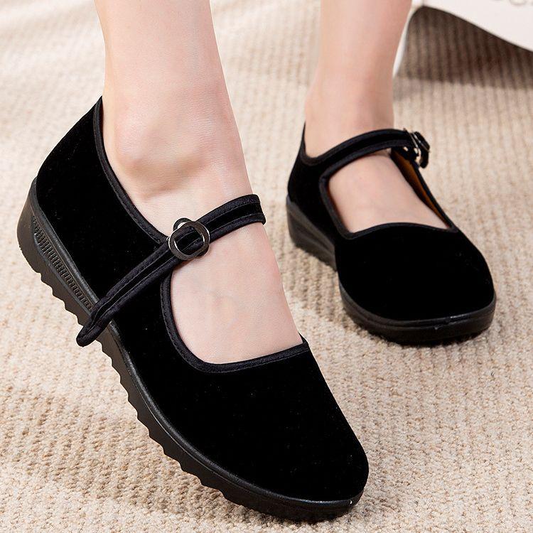Yan black cloth shoes women's flat bottom middleaged and elderly soft sole black work shoes women's shoes hotel overtime work