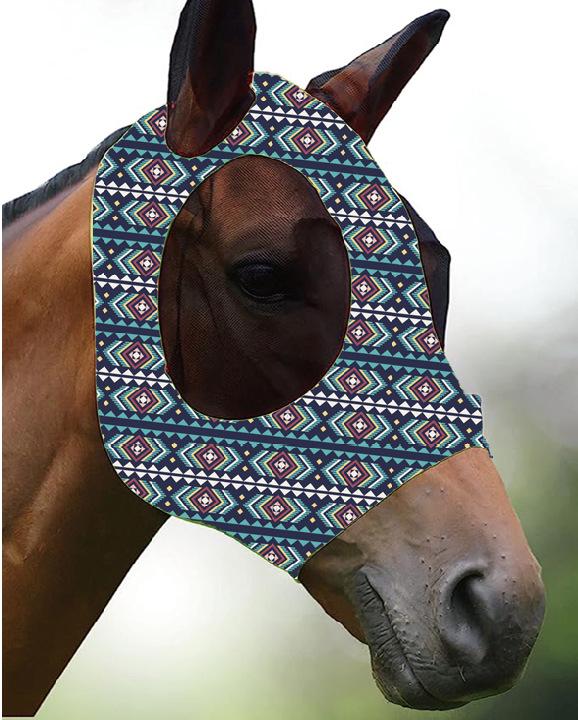 "Breathable Horse Head Cover with Anti-Mosquito Protection and Various Prints for Equestrian Use"