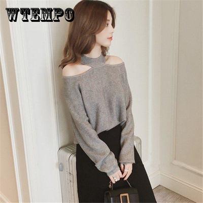 Sexy Pullover mit hängendem Hals, einfarbig, lässig, schulterfreier Pullover, Herbst-Winter, koreanische Strickwaren, langärmelige Strickpullover, Jacke, Oberbekleidung