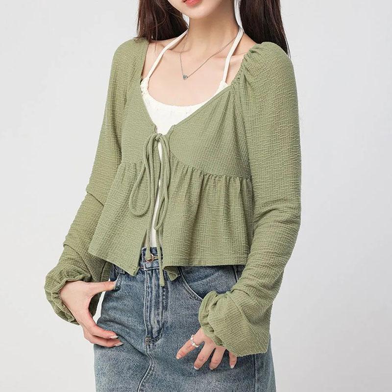 Pure Desire Short Hanging Neck Tank Top Long Sleeve Lace-up Cardigan 2Pcs Set Women Green T-shirt Slim Small Size Korean Fashion