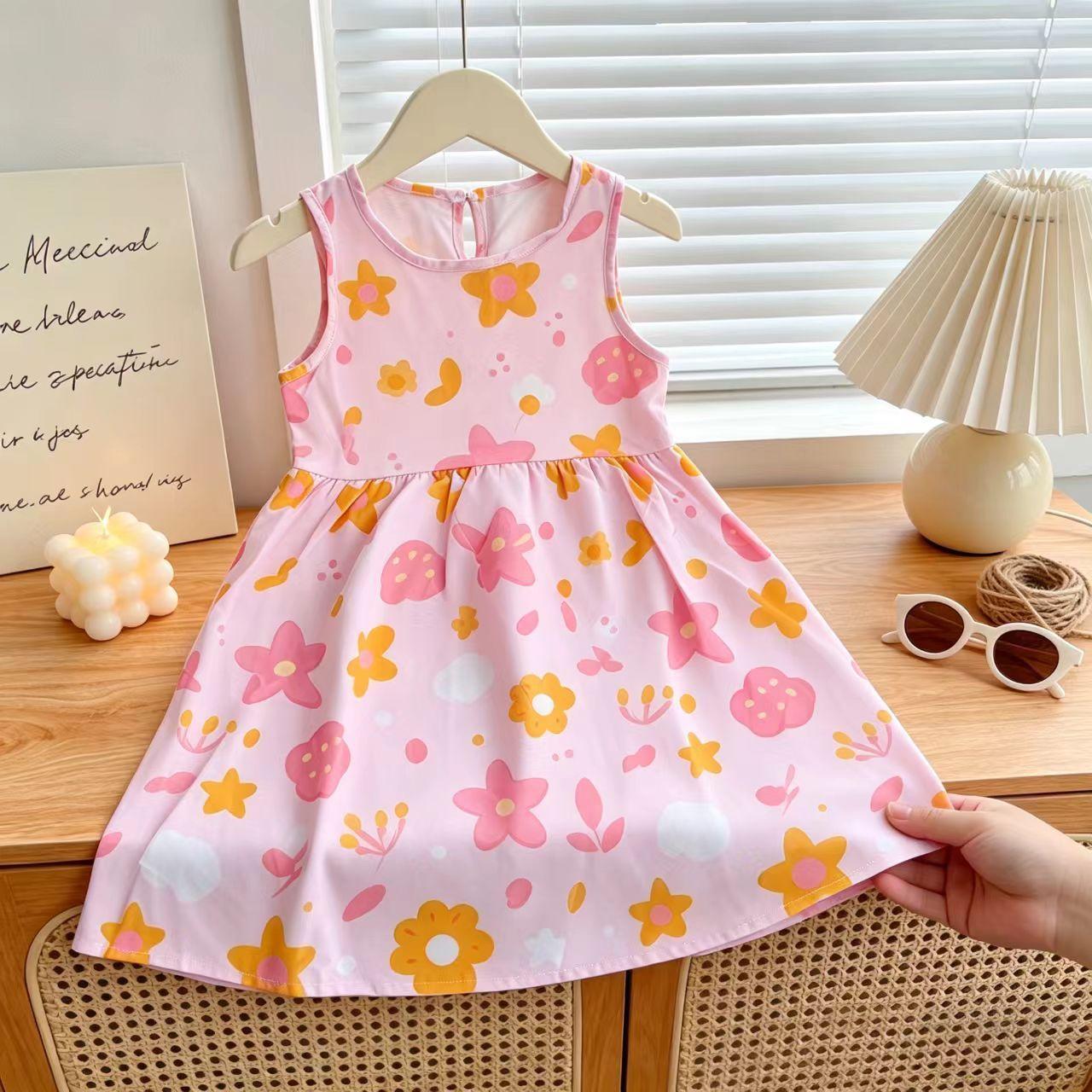 Girls Dresses Soft Cotton Floral Print Flutter Sleeve Sling Suspender Dress Casual Summer Cotton Rayon Dress for Little Girls 80cm