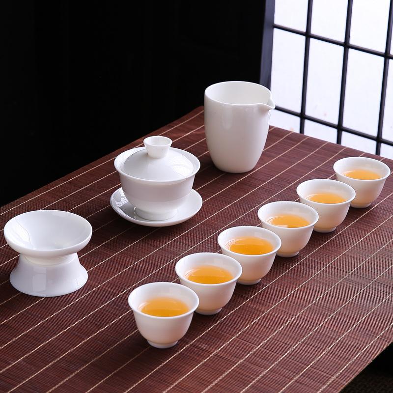 Suet jade porcelain kung fu tea set household light luxury gift box Dehua white porcelain cover bowl teacup business gift