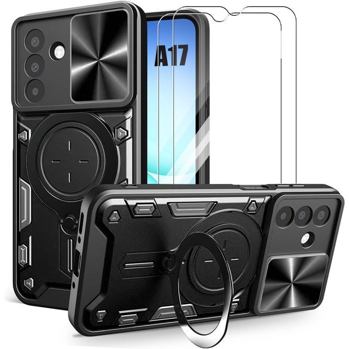 Coque de Protection - BOOLING - Samsung Galaxy A17 4G/5G - Noir - Anneau Pivotant - 2 Vitres Trempées