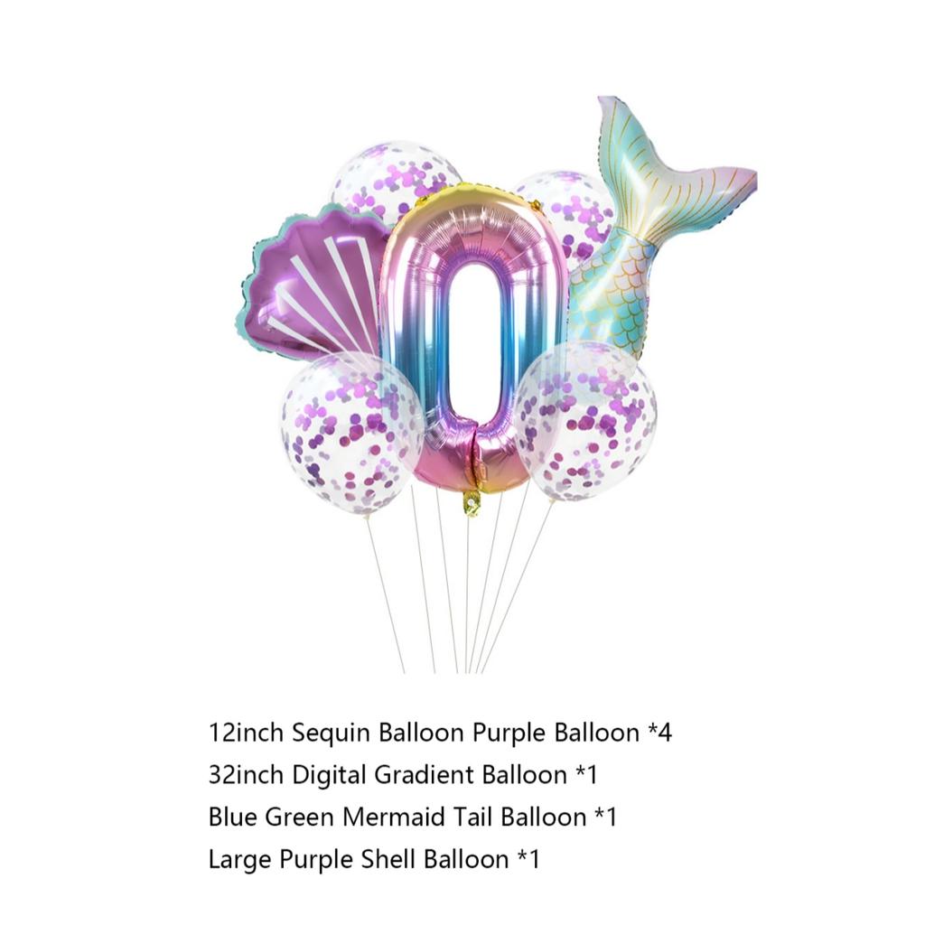 7Pcs/set Mermaid Party Number Balloons Gradient Color Number Foil Balloon Kids Little Mermaid Theme Birthday Baby Shower Party Decorations