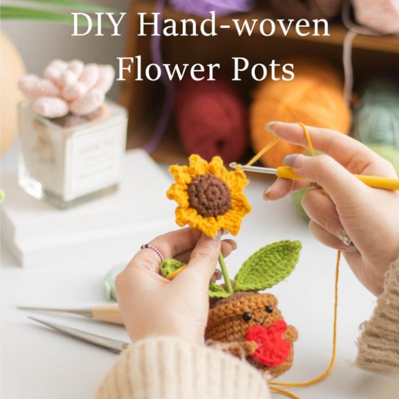 Cute Crochet Flowers Potted Hand-woven Rose Colorful Sunflower Positive Emotional Crochet Flower Potted for Home TableDecor Gift