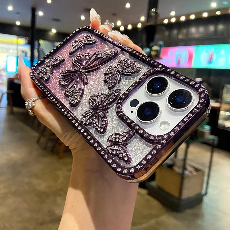 3D Fashion Electroplate Butterfly Glitter Diamond Phone Case for IPhone 17 16 Pro Max 15 14 13 12 11 Transparent Back Cover