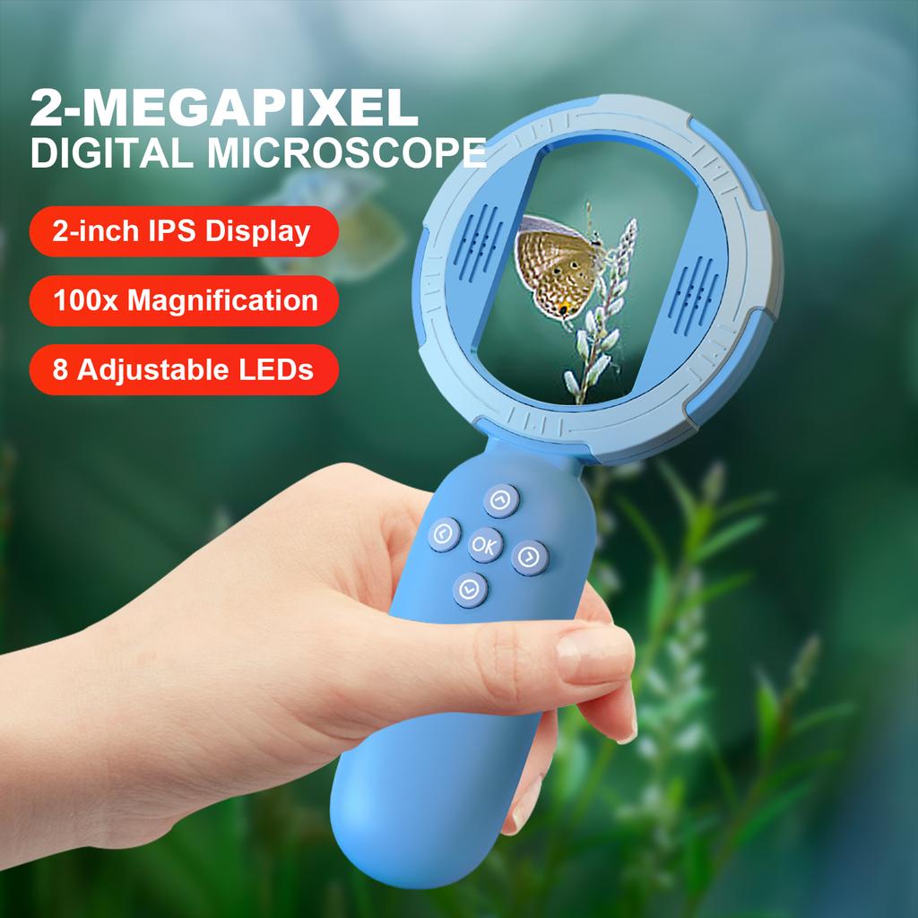 Handheld Microscope 4X with 2in Screen & 8 LED Lights Kids Magnifer Handheld Magnifier Christmas Birthday Gifts for Boys Girls