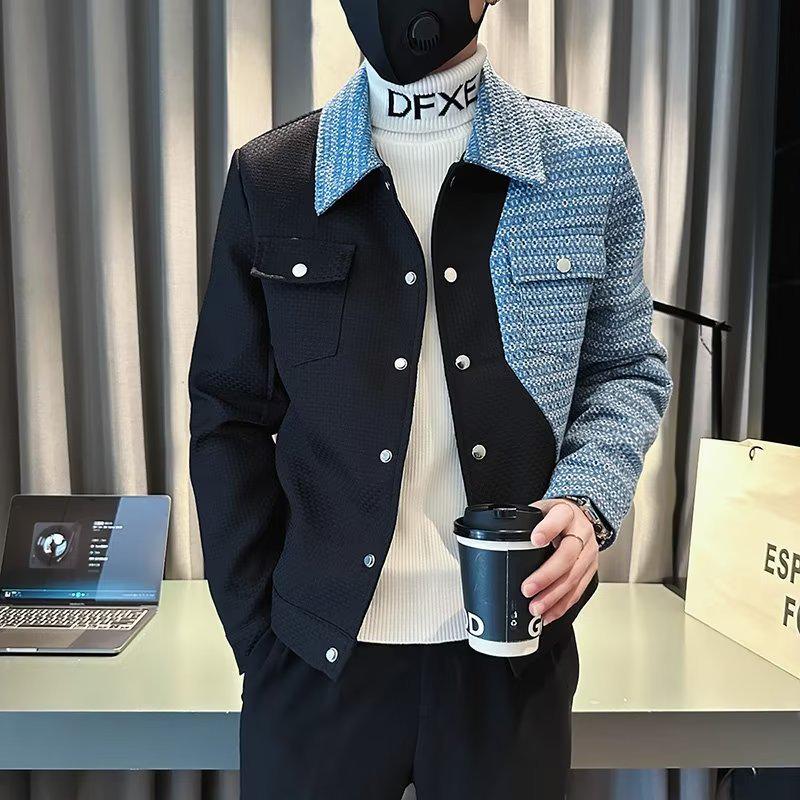 Men's Blue Denim Patchwork Jacket: Trendy Niche Design for Autumn.