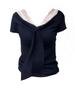 French V-Neck Lace Splicing Bow Strap Short Sleeve T-Shirt Women's Summer Niche Slim Bottom Top