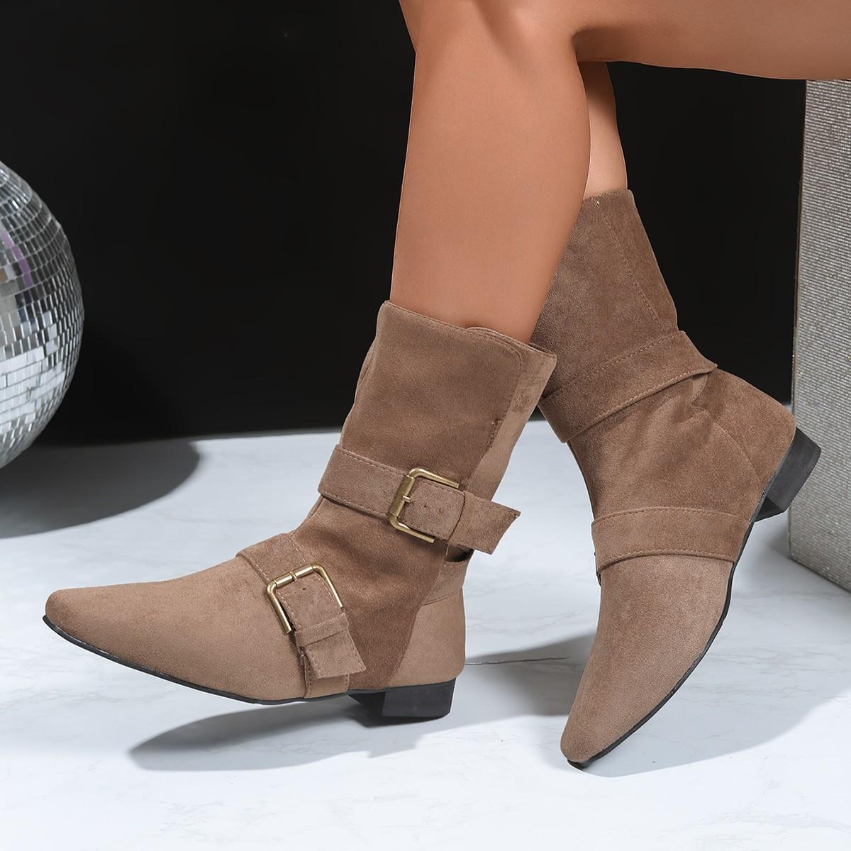 

Модные мотоциклетные ботинки с круглым носком для женщин, металлические, синие, бархатистая поверхность, рыцарские, до середины икры, на плоском каблуке, ботильоны, обувь с высоким верхом 35 хаки