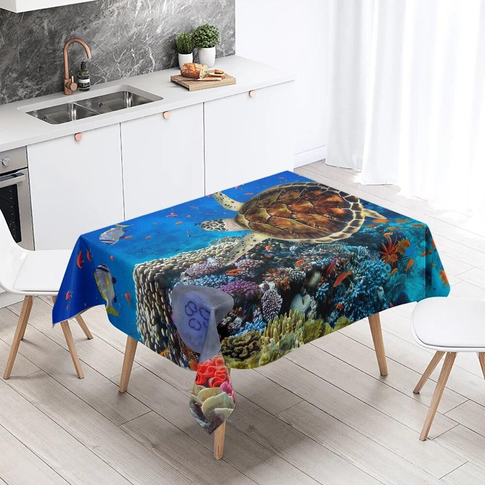 Cute Sea Turtle Underwater World Tablecloth Camping  Party Restaurant Table Decoration Waterproof Kitchen Home Decor