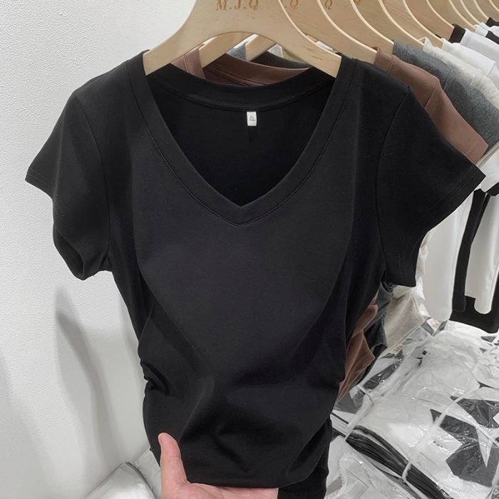 

Женский приталенный топ с V-образным вырезом и короткими рукавами с драпировкой - Летний утягивающий талию дизайн с асимметричным низом Large чёрный