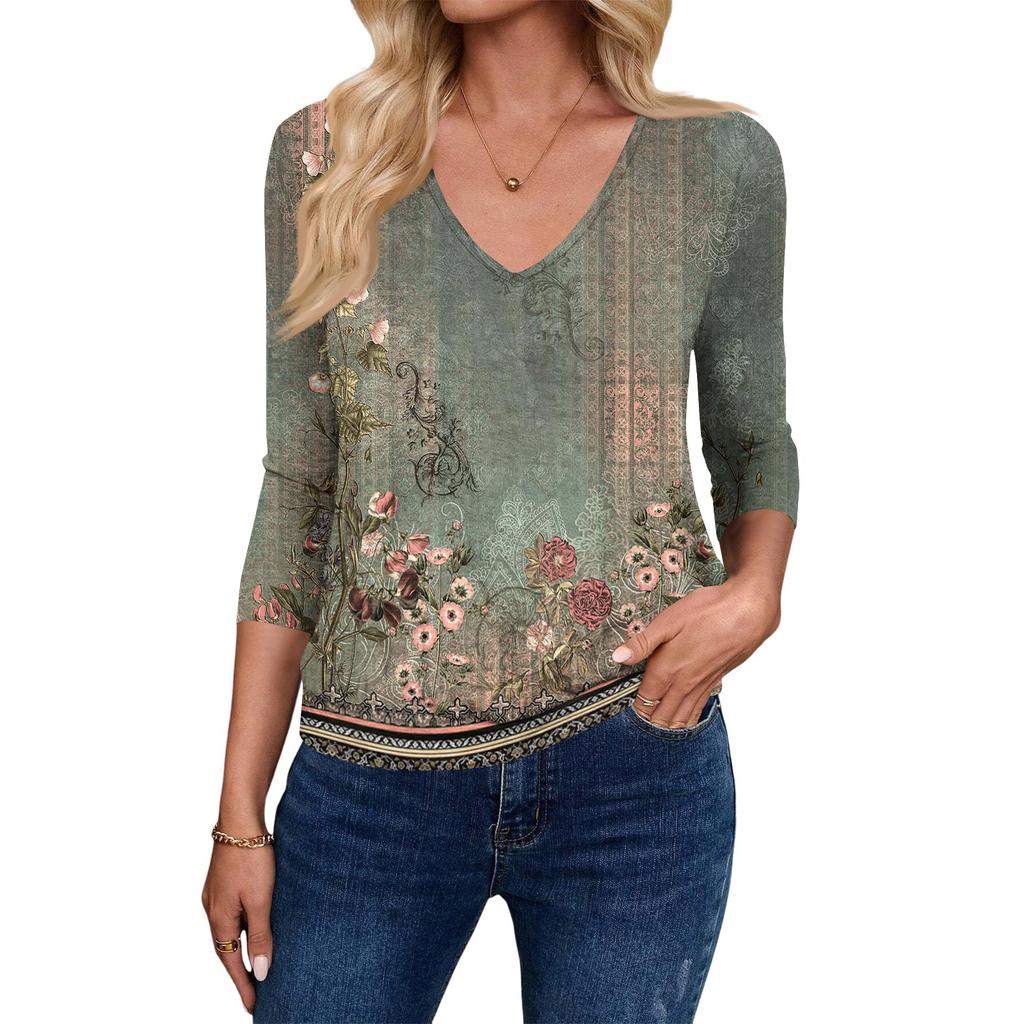 Damenmode Lässig V-Ausschnitt Dreiviertelarm Print Top
