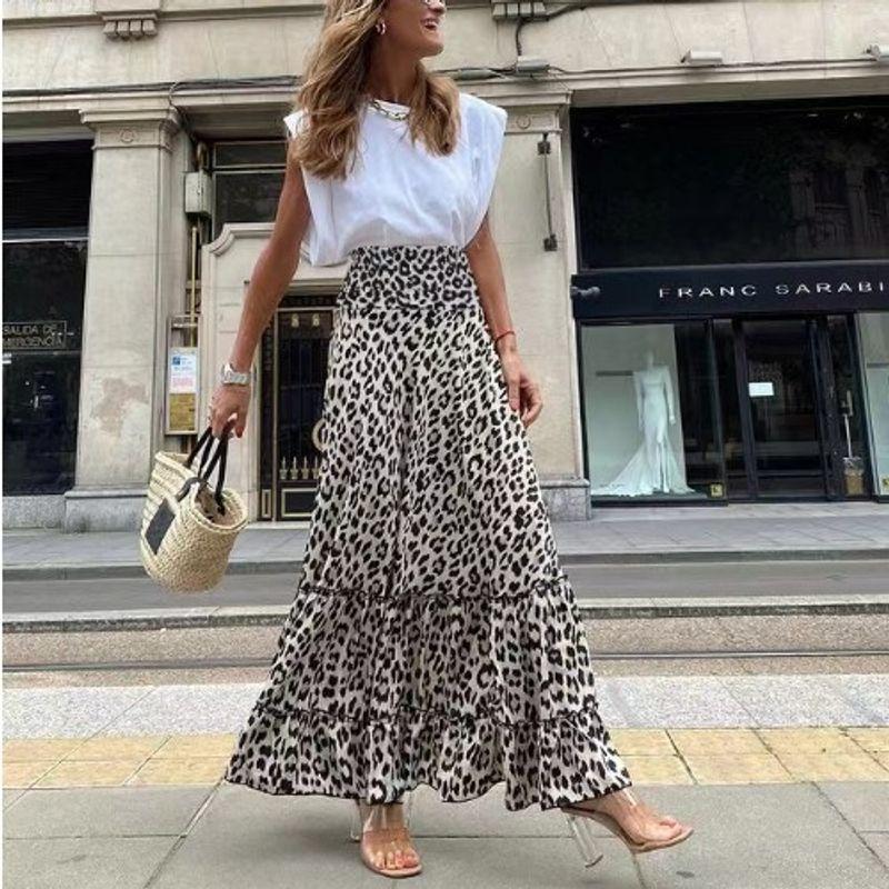 

Fashion European and American Style New Arrival High Waist Leopard-Print Print Loose A- line Work Clothing Ruffles Skirt Long Skirt Image color 3XL