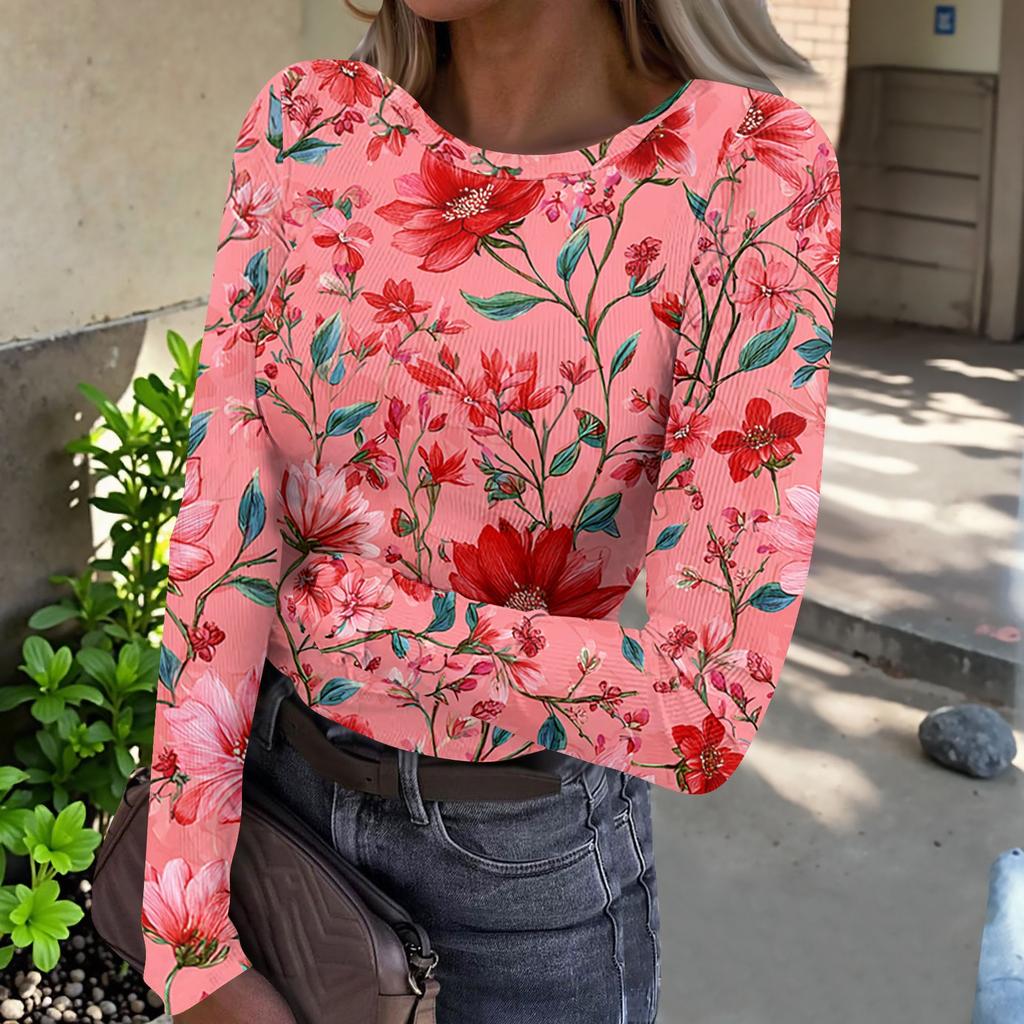 Women Casual Long Sleeve Crewneck Floral Print Ribbed Top Lightweight Pullover Loose Fit Soft Breathable Shirt for Daily Wear