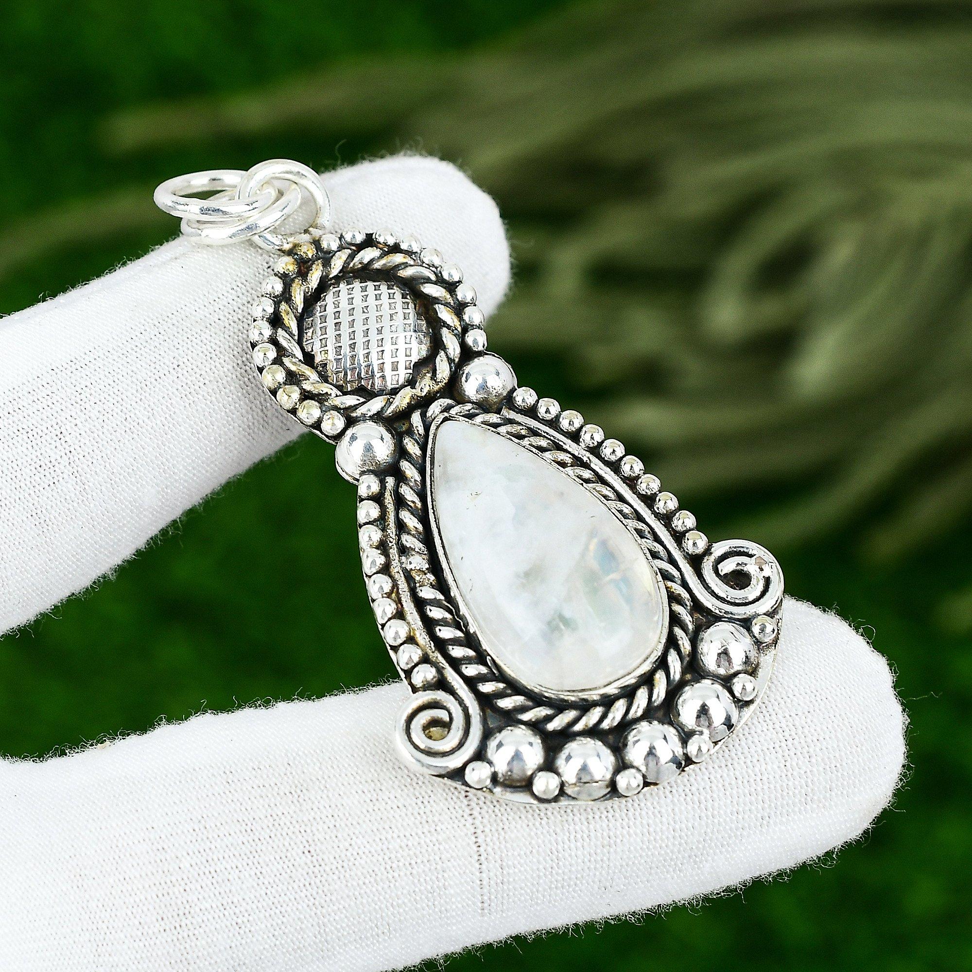 

Sterling Silver Crown Chakra Pear Natural Rainbow Moonstone Sister Bezel Pendant