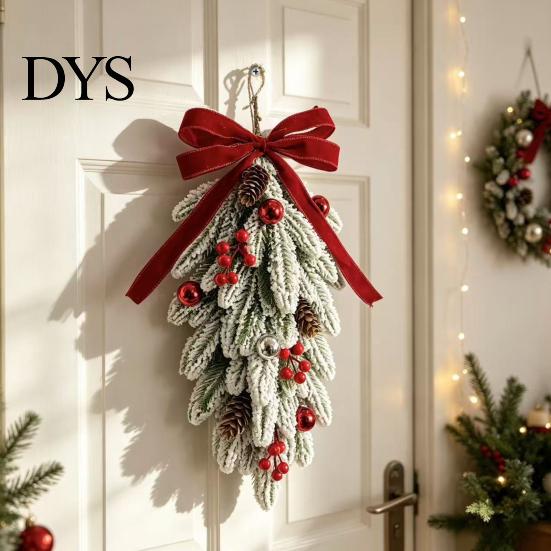 Retro Style Christmas Ornament Flocked Teardrop Swag for Front Door, Artificial Pine with Red Staircase Handrail Garland Berries Velvet Bow,