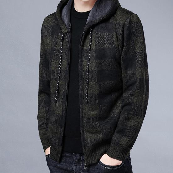 Men Jacket Plaid Pattern Breathable Polyester Sweater Hoodie for Winter