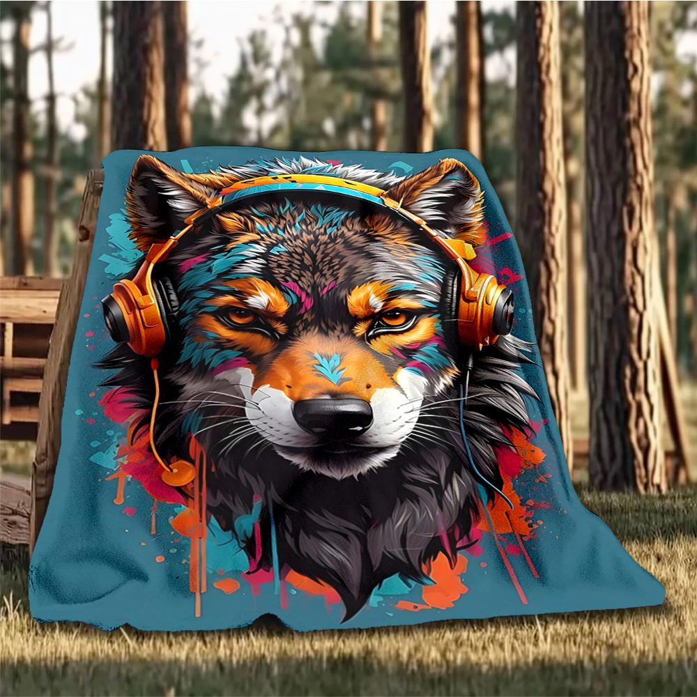 1pc Colorful Wolf Throw Blanket Polyester Fiber, Lightweight Flannel, Soft & Warm, All Season Use for Outdoor, Camping Digital Print