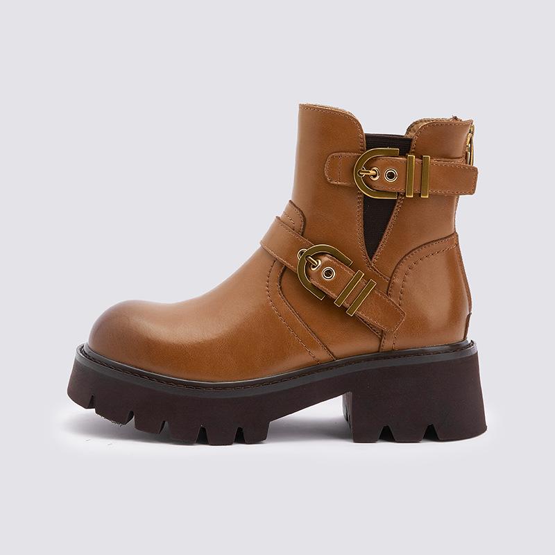 Leather Martin Boots Women's 2025 Autumn and Winter New Chelsea Boots Smoke Boots Short Boots Brown Platform Boots Western Cowboys