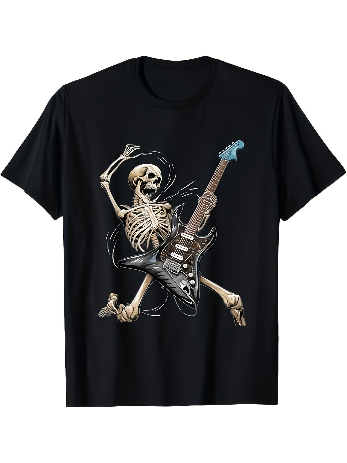 

Unisex 100% Cotton Graphic Tee - Skeleton Guitar Player Design, Soft And Breat S разноцветный