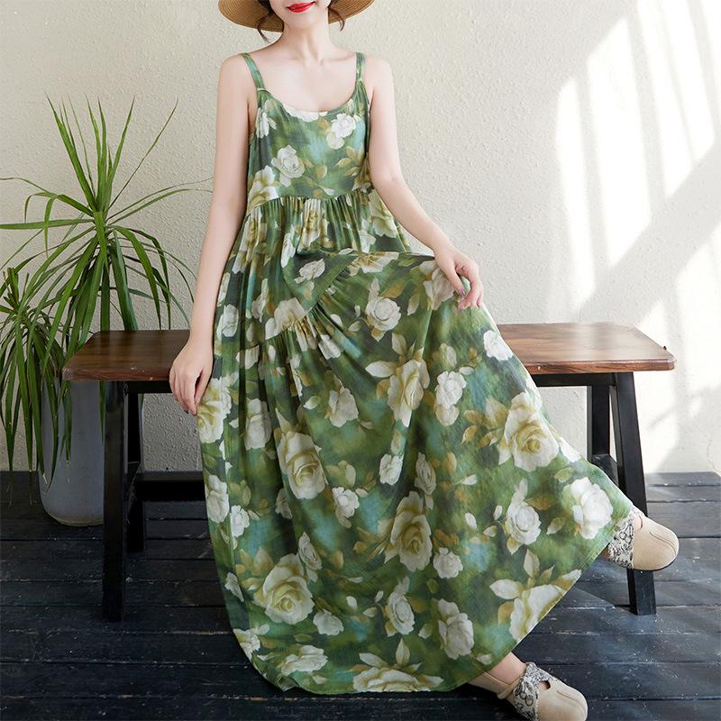 2025 Summer Cotton Linen Patchwork Long Dress with Large Hem and Slimming Fit