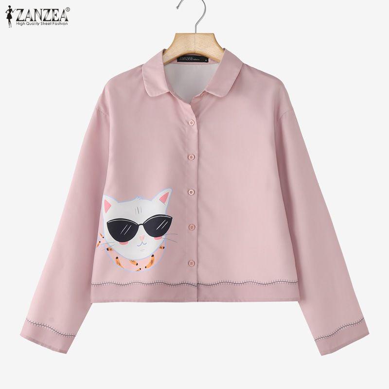 ZANZEA Women Casual Turn Down Collar Long Sleeve Print Blouse