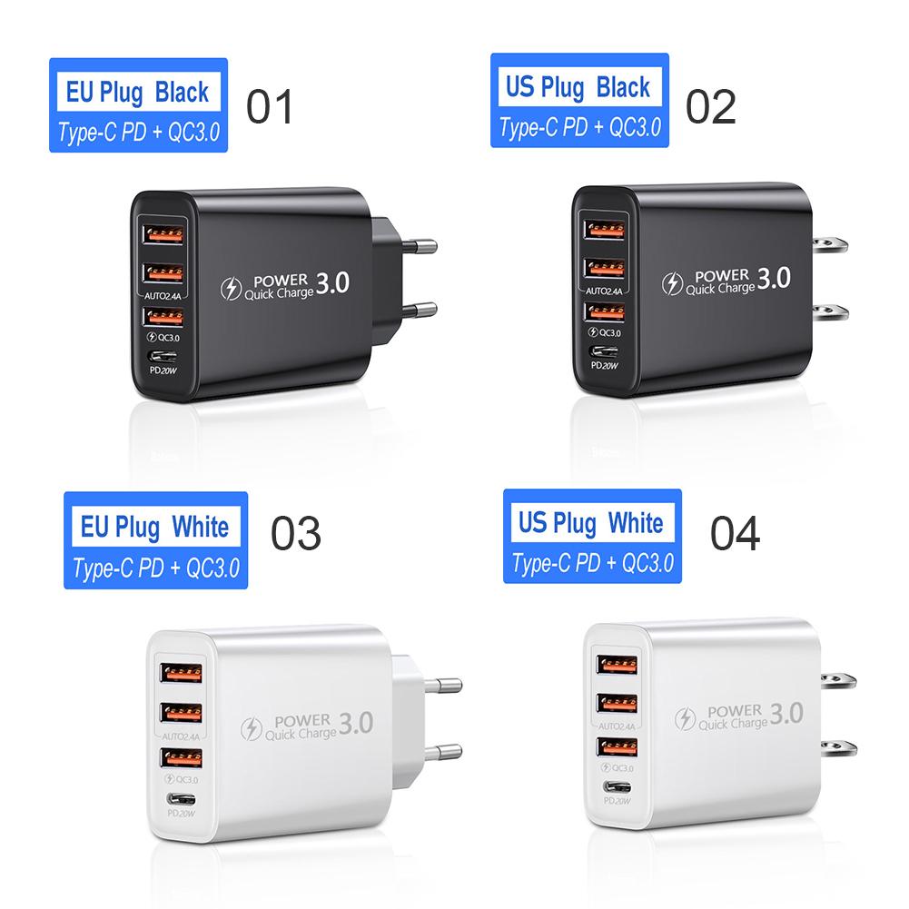 20W PD 4 Ports USB 5V4A Lade-Netzteil Handy-Ladegerät QC3.0 Laden EU/US-Stecker Steckdose Reise-Ladegerät 110V 220V