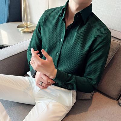 Men Spring Fall Shirt Frence Style Turn-down Collar Slim Fit Waffle Texture Single-breasted Long Sleeves Young Formal Business Event Office Top