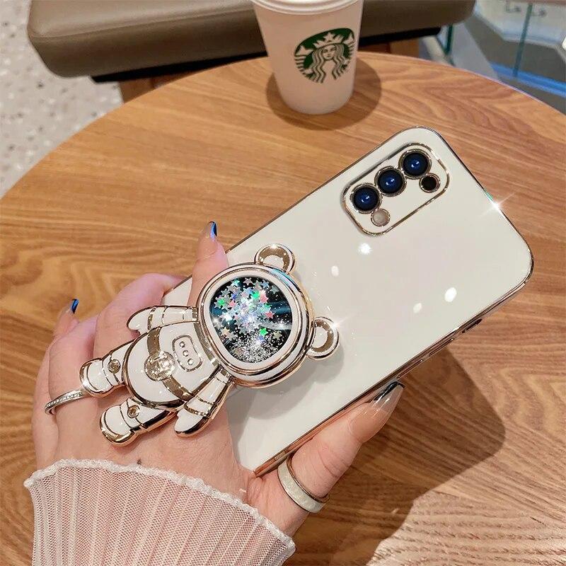 Astronaut Plating Case for OPPO A76 Reno 7 A74 5G A53 A73 A17 A57 A16 A77 A93 5G A78 A95 A77S A72 Quicksand Liquid Stand Shockproof Cover