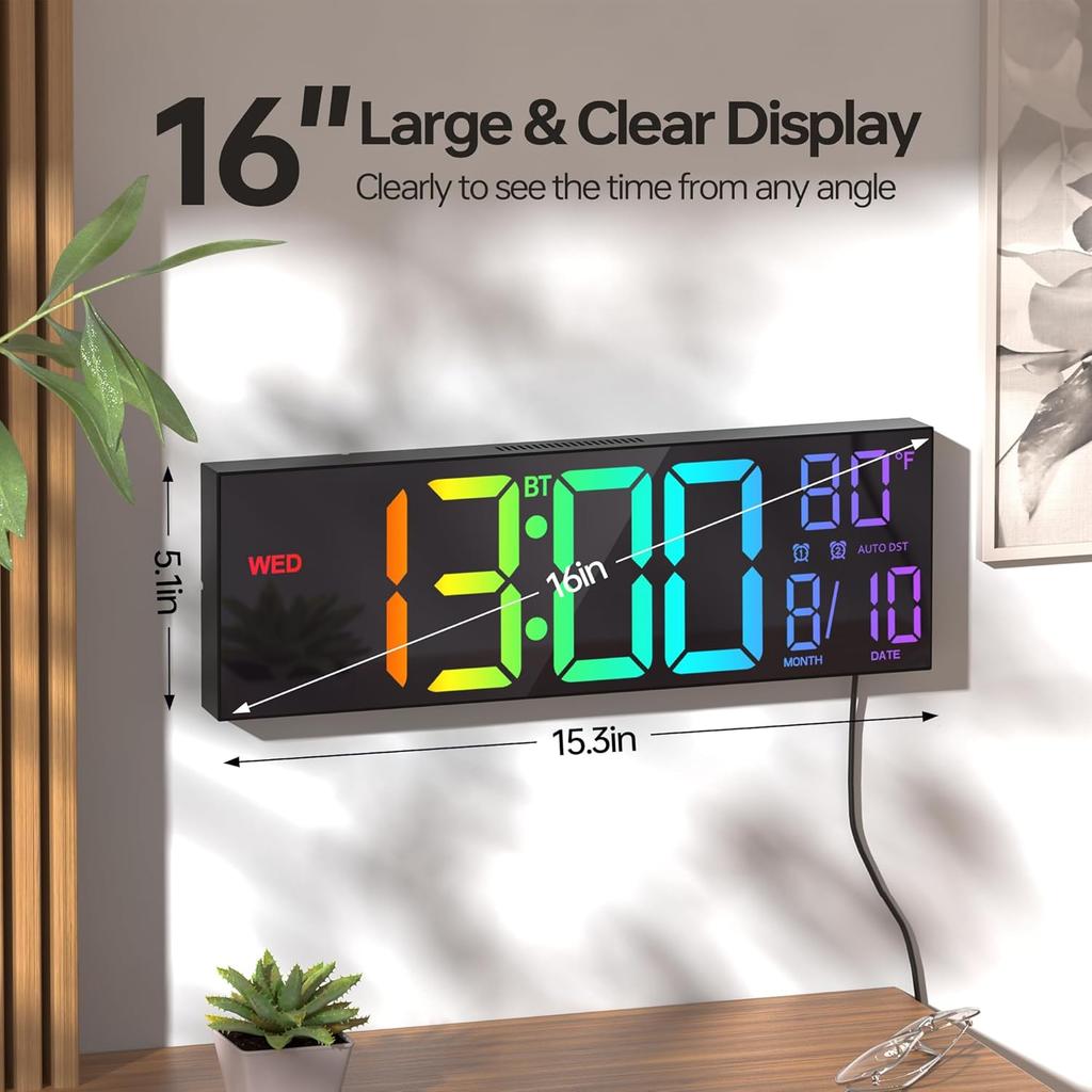JALL 16.2" Large Digital Wall Clock with Seconds, Bluetooth Sync, Alarm Big LED, RGB Color, DST Temperature for Classroom Bedroom Garage Gym, Mount,