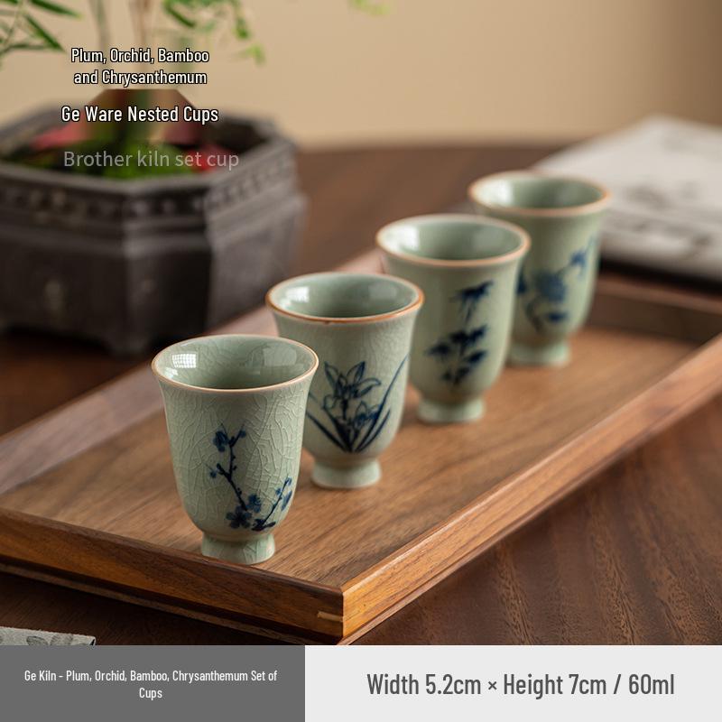 Ge Kiln Crackled Teacup Gift Set – Ice Crack Design with Plum, Orchid, Bamboo, Chrysanthemum Motifs.