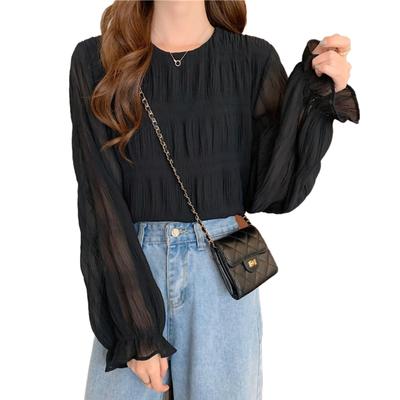 Gathered Long Round Flared Volume Ages One Piece Black [JINJUDUO] Blouse, Top, Pullover, Sleeves, Neck, Shirring, Sheer, Frill, Sleeves, Sleeves,