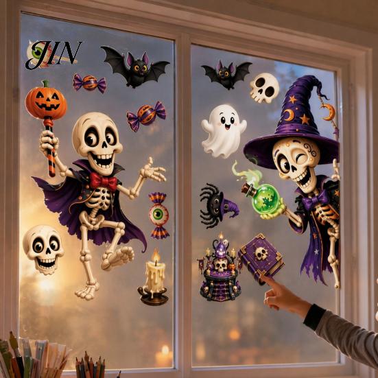 Translucent Halloween Window Cling 2 Sheets Clings, Cartoon Skeleton Static Stickers, Funny Stickers Ghosts Bats Pumpkins for Glass Doors Windows