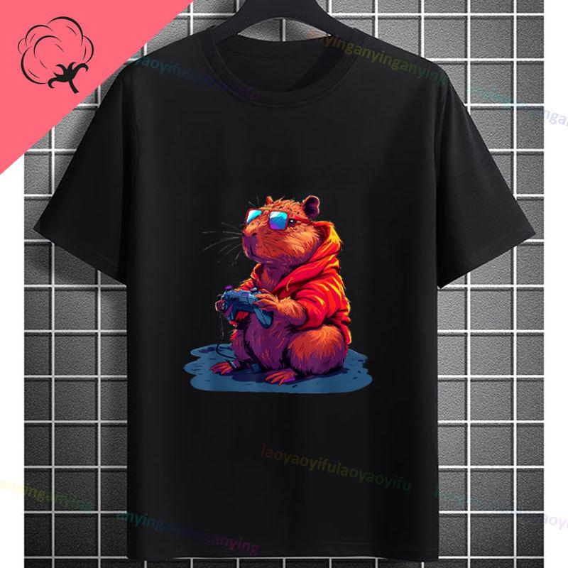 Funny Gamer Capybara Graphic Tshirt Cool Black Casual Tee With Fashion Glasses  Video Game Controller Design For All Seasons