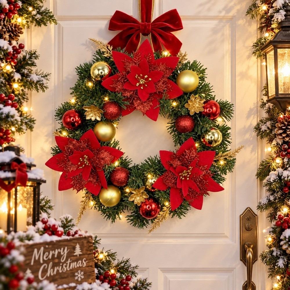 Elegant Christmas Wreath Red Flower Evergreen Pine Wreath Door Wall Decor Poinsettia Wreath Party