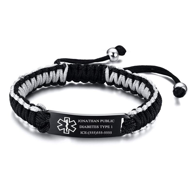 Medical first aid logo bracelet, black electroplated adjustable woven lettering bracelet, stainless steel curved bracelet.