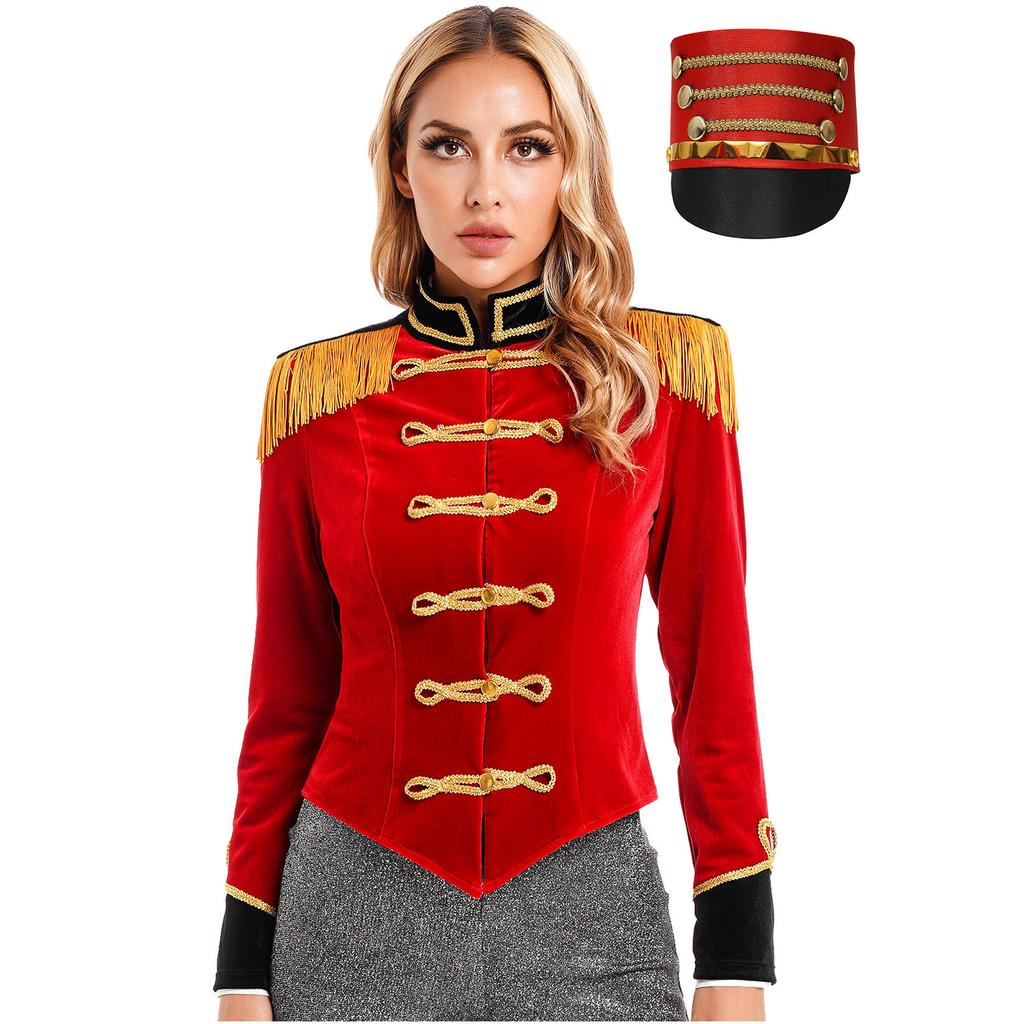 Womens Ringmaster Costume Circus Carnival Party Long Sleeve Stand Collar Fringe Shoulder Jacket Coat Hat Set