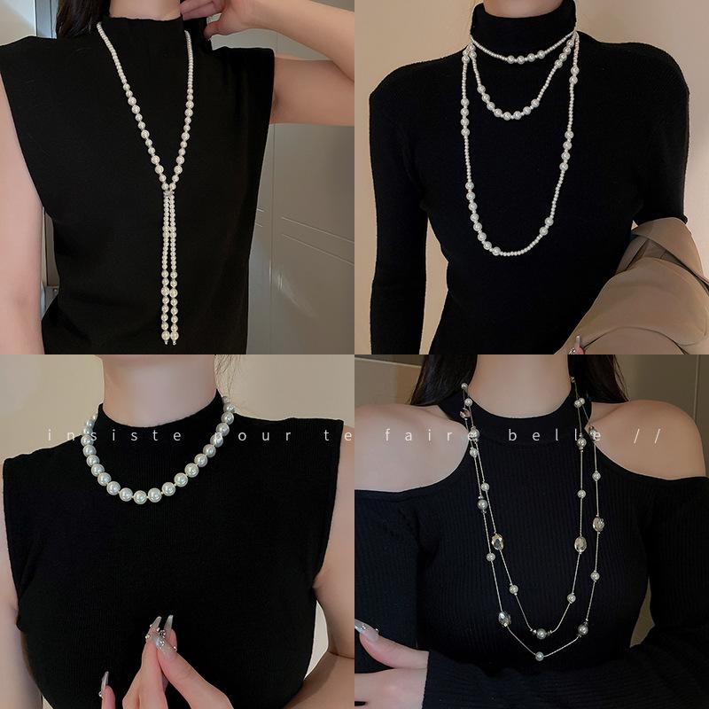 French round long multi-layer pearl ingot necklace temperament collarbone chain sweater chain necklace jewelry women