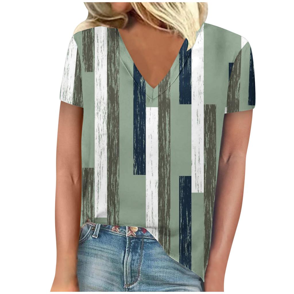 Summer Women's Casual Versatile Color Blocked 3D Printed Slimming Short Sleeved V-neck Short Sleeved T-shirt