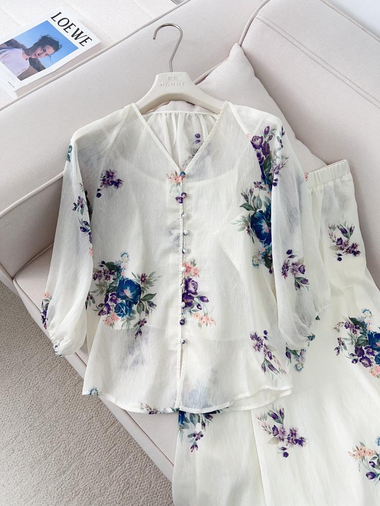 2026 Gentle Style Women's Floral Tencel Linen V-Neck Top & Skirt Set