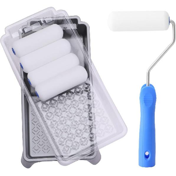 Mister Rui Foam Paint Roller, 4 Inch Paint Roller 8 Pack, Small Paint Roller, High Density Foam Paint Roller Tray and Liner Set, Sponge Rollers for