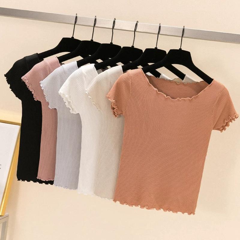 Dámské Léto Pletené Ledové Hedvábné Trička Topy Krátký rukáv Tenký Plísňový Listový Límec Vysoký Pas Jednobarevná Studená