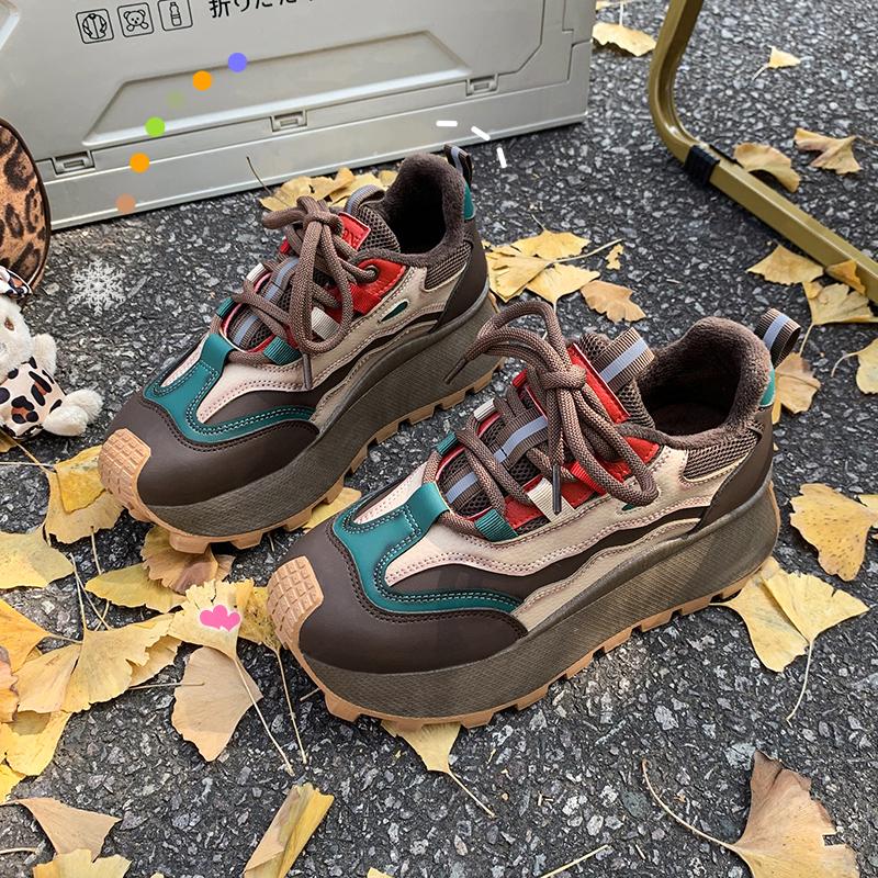 Women's Casual Sports Shoes Autumn New Round Head Color Matching Before Tying Thick Sole Anti-slip Wear-resistant Single Shoes