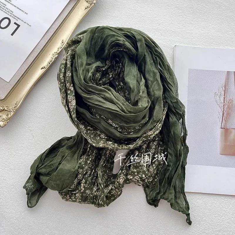 New Artistic Floral Retro Pleated Cotton Linen Scarf Thin Versatile Women's Scarves Paired Clothing Autumn Winter Fashion Trend